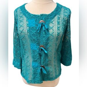 Blue turquoise Open Knit Cardigan Ribbon Lattice 3/4 Sleeve Crochet Small